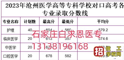 石家庄白求恩医学中专学校考沧州医高专需要多少分？